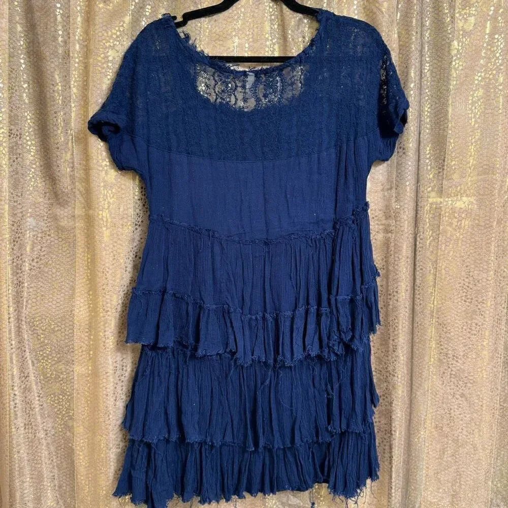 Free People Navy Blue Tiered Distressed Boho Lace Embroidered Dress Small